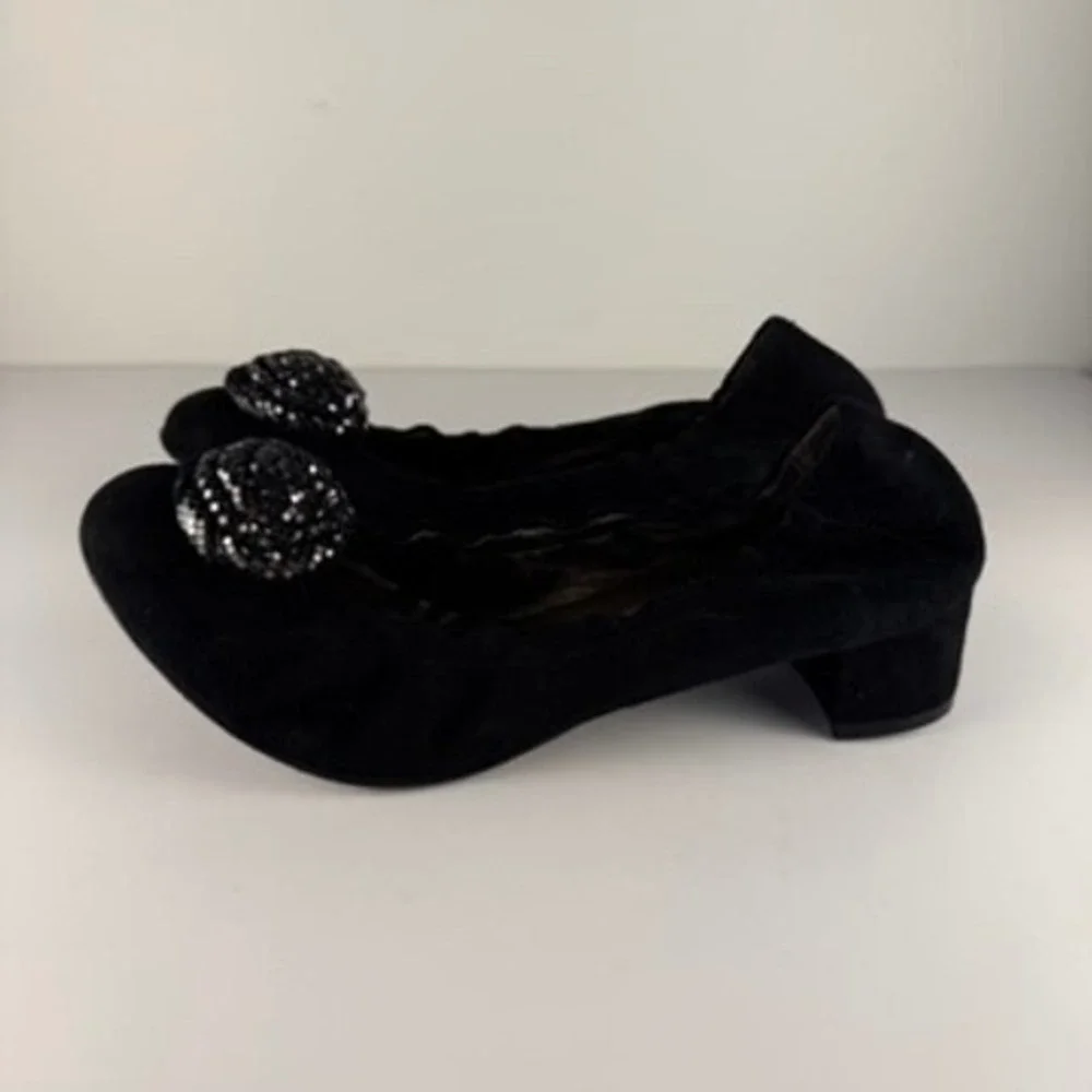 AGL Black Suede Flats 9 Leather Metal Rosette Flats Heel Ballet Minimal Office
